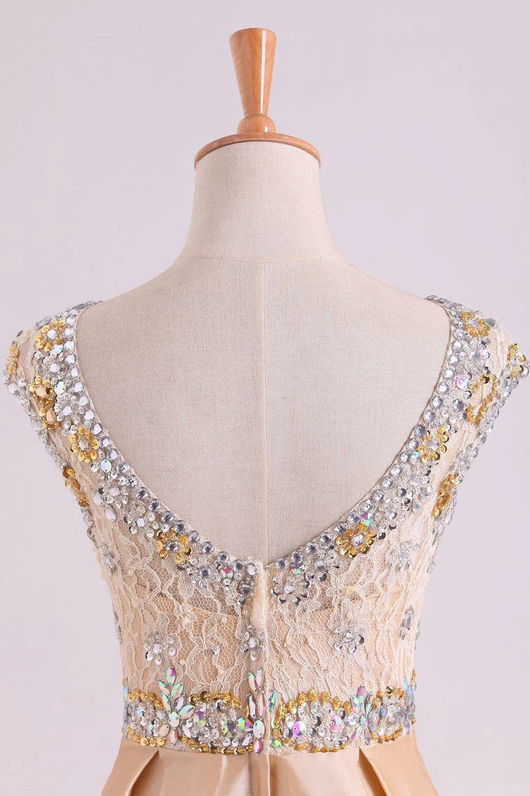 Party Dresses Bateau Ball Gown Lace Bodice With Long Taffeta Skirt Sweep Train